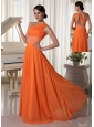 Orange Chiffon One Shoulder Prom Dress With Ruch and Beaded Decorate Waist Brush Train
