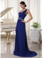 Royal Blue One Shoulder Chiffon Prom / Evening Dress With Brush Train Appliques With Beading and Ruch