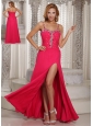 Wholesale High Slit Beaded Spaghetti Straps Coral Red 2013 Evening Dress Chiffon