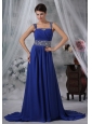 Des Moines Iowa Beaded Decorate Straps and Waist Brush Train Royal Blue Chiffon Prom / Evening Dress For 2013