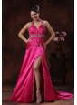 High Slit Hot Pink Prom Dress With Halter Beaded Decorate In Orange Beach Alabama