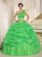 2013 Hot In Sucre City Spring Green One Shoulder Quinceaners Dress With Embroidery and Pick-ups Decorate