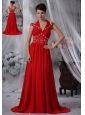 Iowa City Iowa V-neck Beaded Decorate Waist Ruched Decorate Bust Brush Train Red Chiffon For 2013 Prom / Evening Dress