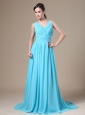 Aqua Blue V-neck and Ruched Bodice For Modest Bridesmaid Dress