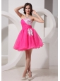Hot Pink Appliques Strapless A-line Organza Stylish Prom Gowns For Customize