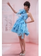 Baby Blue One Shoulder A-line Mini-length Hand Made Flowers Stylish Customize Prom Gowns