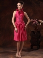 Beaded and Ruched For Hot Pink Halter Prom Dress Knee-length