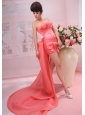 Hand Made Flowers and Beading Decorate Bodice Coumn Watermelon Red  2013  Prom Dress