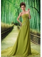 Olive Green Chapel Train Beaded Appliques Chiffon 2013 New Styles Custom Made Prom Gowns