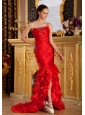 Beaded Decorate Bust Mermaid Florid Red Organza Brush Train 2013 Prom / Pageant Dress