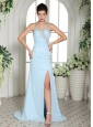 Light Blue High Slit Spaghetti Straps Beaded Over Bodice Prom Dress With Brush Train