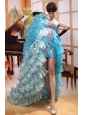 Paillette Over Skirt Aqua Blue Strapless Ruffles Prom Gowns With Organza Court Train Custom Made