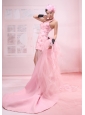 Pink Column / Sheath Beading Organza Watteau Halter Prom Dress