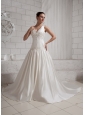 2013 Appliques With Beading V-neck Wedding Dress With Cathedral Train For Custom Made