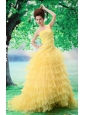2013 Ruffled Layers One Shoulder Prom Dress With Appliques and Beading Court Train For Custom Made