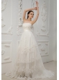 Lace With Beading Decorate Bodice Strapless Brush Train 2013 Wedding Dress For Beautiful Style