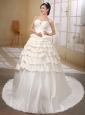 Sweetheart Neckline Ivory Satin Wedding Desss With Ruffled Layers and Beaded Decorate