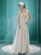 White Flowers Decorate Wedding Dress With Lace Sequare Neckline