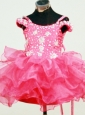 Spaghetti Straps Hot Pink Beaded Decorate Mi-length Organza Flower Girl Pagaent Dress