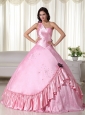Baby Pink Ball Gown One Shoulder Floor-length Taffeta Beading Quinceanera Dress