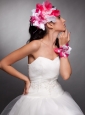 Red and White Organza Hand Made Flowers Beaded Headpieces and Wedding Wrist Corsage