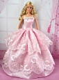 Pretty Pink Party Clothes Lace Fashion Dress For Quinceanera Doll