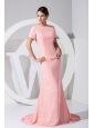 Beading Decorate Scoop Neckline Brush Train  Light Pink Chiffon 2013 Prom Dress