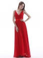 V-neck Red Prom Dress With Ruch Floor-length Chiffon