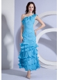 Pleat Decorate Bodcie One Shoulder Aqua Blue Ankle-length 2013 Prom Dress