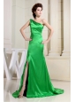 Spring Green Prom Dress With One Shoulder High Slit Brush Train