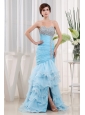 Beautiful Baby Blue Beaded Decorate and Ruch Ruffled Layeres Sweetheart Prom Dress For Party