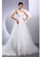 2013 Custom Made A-line Wedding Dress With One Shoulder Hand Made Flower Court Train