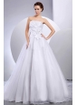 2013 Wedding Dress With Hand Made Flower and Ruching A-line Cathedral Train