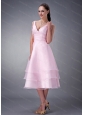 Baby Pink A-line / Princess V-neck Ruch Dama Dresses for Quinceanera