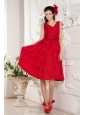 Red Short V-neck Taffeta Hand Made Flower Dama Dress On Sale