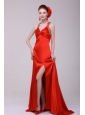 Informal Column Straps Brush Train Elastic Woven Satin Red Prom Dress with Open Back