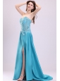 Sweetheart Empire Teal Sweep Train Prom Dress with White Embroidery