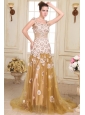 Champagne Empire Straps Appliques Prom Dress with Brush Train