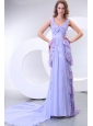 Column V-neck Chiffon Lace Watteau Train Prom Dress for 2014 Spring