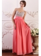 Beaded Decorate Brust Straps Empire Chiffon Watermelon Prom Dress