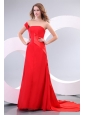 One Shoulder Red Ruche Watteau Train Prom Dress for Evening Party