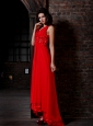 Empire V-neck Red Chiffon Floor-length Hand Made Flowers Side Zipper Prom Dress