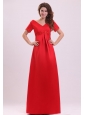 Empire V-neck Short Sleeves Appliques Satin Prom Dress in Red