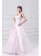 Flowers One Shoulder Baby Pink Wedding Dress with Embroidery