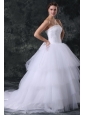 Ball Gown Strapless Court Train Beading Lace Up Tulle Wedding Dress