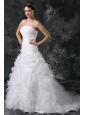 A-line Strapless Organza Wedding Dress with Flower and Ruffles Layered