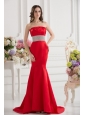 Red Mermaid Strapless Court Train Belt and Ruching Prom Dress