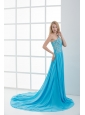 Sky Blue Beading and Ruching Empire One Shoulder Prom Dress with Court Train