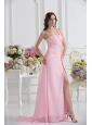 Straps Baby Pink High Slit and Ruching Empire Prom Dress with High Slit