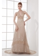 A-line Champagne Halter Top Neck Appliques Backless Court Train Prom Dress